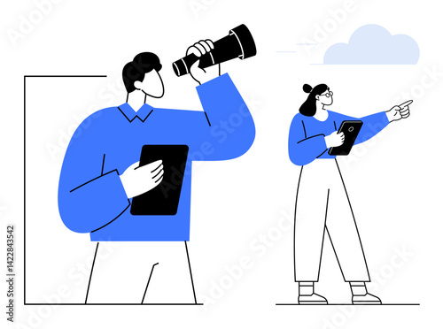 Two individuals, one using a telescope and another pointing while holding a tablet. Ideal for teamwork, exploration, innovation, strategy, leadership, planning, simple landing page