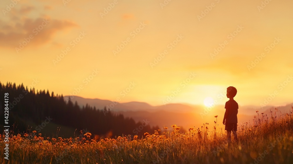 Real-Time Insights Powered by Big Data and Advanced Analytics, A silhouette of a child in a field at sunset, surrounded by flowers and mountains in the distance. Real-Time Insights Powered by Big Data and Advanced Analytics, A silhouette of a child in a field at sunset, surrounded by flowers and mountains in the distance.