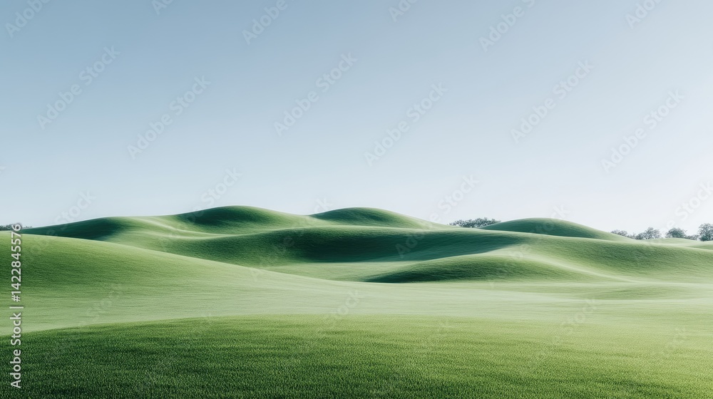 Obraz premium Rolling Green Hills Minimalist Landscape, High-Definition Soft Light, Wide Scenic View, Undulating Textures, Peaceful Serenity, Open Countryside, Serene Green Tones, Ideal for Nature Posters