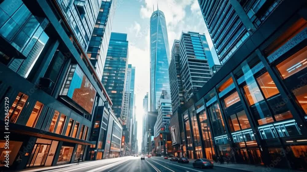 Looking Up at Skyscrapers in a Modern City Center Street View Looking Up at Skyscrapers in a Modern City Center Street View