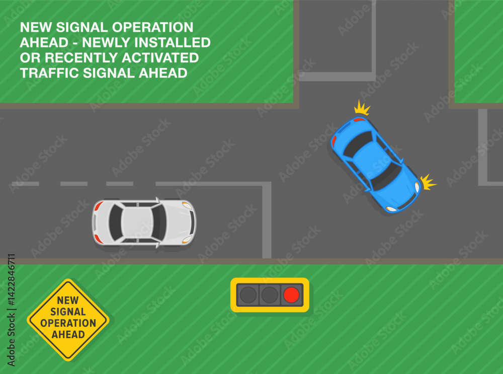 Safe driving tips and traffic regulation rules. New signal operation ahead sign. Top view of a cars at T-intersection. Newly installed or recently activated. Flat vector illustration template.