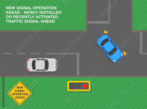 Safe driving tips and traffic regulation rules. New signal operation ahead sign. Top view of a cars at T-intersection. Newly installed or recently activated. Flat vector illustration template.