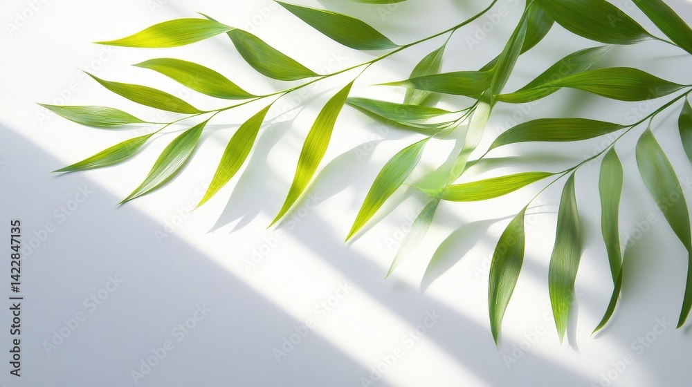 Fototapeta premium Elegant leaf shadows dancing with the breeze, forming intricate natural patterns on a sunlit white background