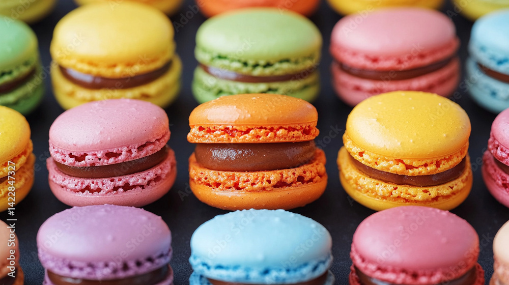 Fototapeta premium A colorful closeup of assorted French macaroons showcasing delicate textures and vibrant hues symbolizing joy indulgence cultural elegance and the art of patisserie in a cheerful display