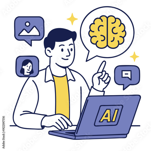 Illustration of person using laptop with AI technology, showcasing creativity and innovation. individual is engaged brainstorming ideas, surrounded by icons representing images and communication