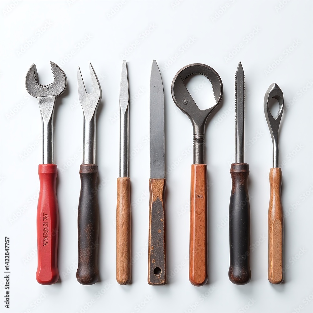 Flatlay toolbox Labour Day theme, Celebration of skilled workers, International hardware photo layout, Realistic white background composition Flatlay toolbox Labour Day theme, Celebration of skilled workers, International hardware photo layout, Realistic white background composition