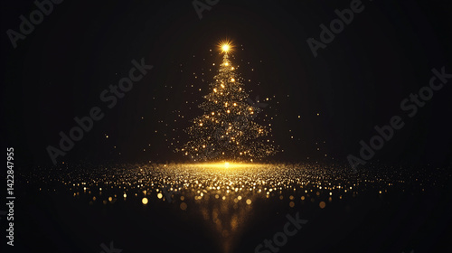 A minimal outline of a Christmas tree adorned with subtle golden lights glows gently against a black background symbolizing simplicity peace and quiet celebration in the holiday season

