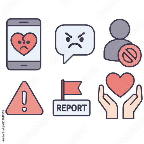 Cyberbullying Awareness Icon Set – Flat Vector of Angry Message, Blocked User, Warning Symbol, Report Button, Digital Support, and Broken Heart on Phone