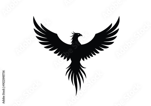 Phoenix silhouette. This image shows a black silhouette of a phoenix with outstretched wings, symbolizing rebirth, resurrection, and immortality. Vector clipart illustration design.