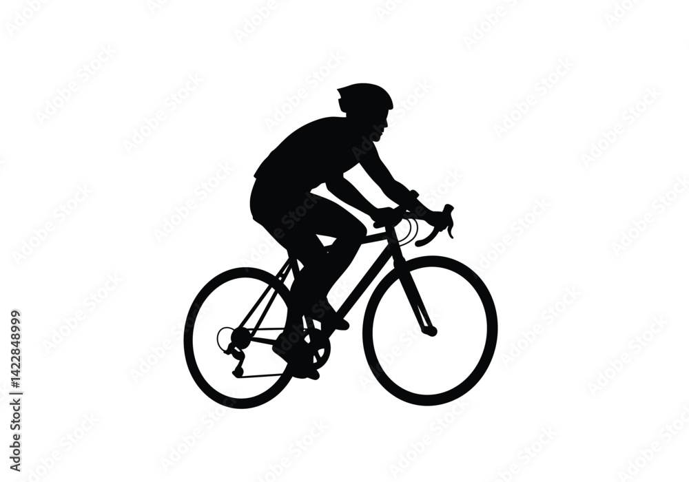 Naklejka premium Bike rider silhouette. This image shows a black silhouette of a motorbike with a rider leaning forward, showcasing motion, speed, and dynamic design. Vector clipart illustration design.