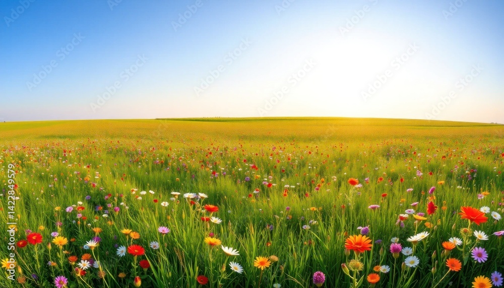 Fototapeta premium Vibrant wildflower meadow under a clear blue sky creating a peaceful scene