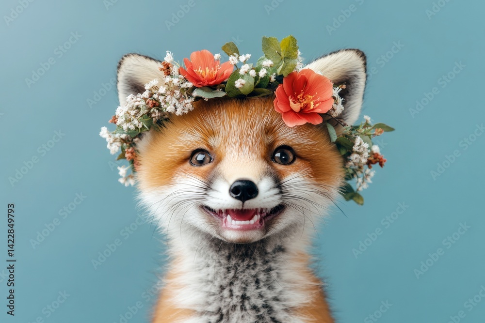 Obraz premium Cute baby animal fox wearing untamed flower circlet on its head - symbol of sunny holiday season. Isolated blue background, copy space, promotion idea. Animal with flowers in studio portrait.
