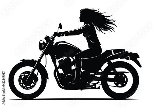 Female motorcycle rider silhouette. This image shows a black silhouette of a female riding a motorcycle with detailed design, highlighting speed and adventure. Vector clipart illustration design.