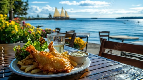 A seaside restaurant patio, where fish and chips are served on a plate with tartar sauce and a scenic ocean view.