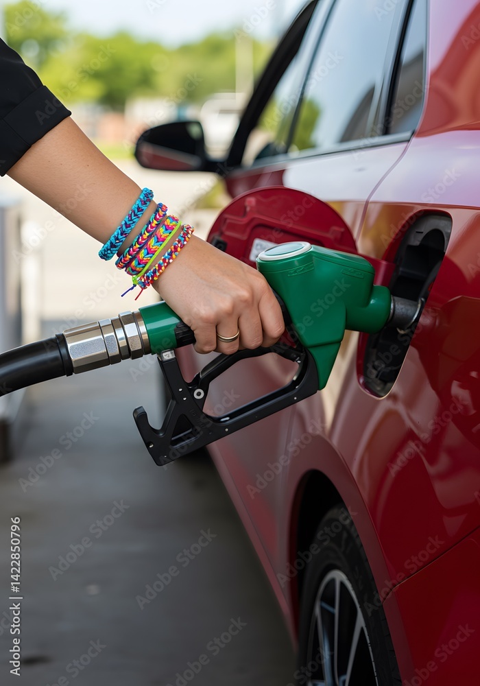 holding a green fuel pump nozzle, Woman is refueling her red car at a gas station, Gas station, fueling car,