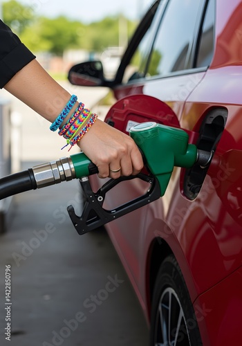 Obraz na płótnie holding a green fuel pump nozzle, Woman is refueling her red car at a gas station, Gas station, fueling car, w salonie