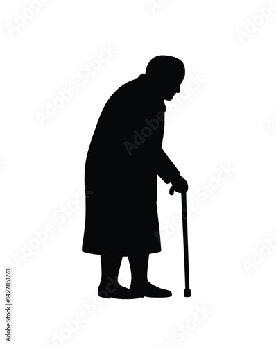 Elderly person silhouette. This image shows an elderly individual using a cane, depicted as a black silhouette symbolizing seniority and mobility aid. Vector clipart illustration design.