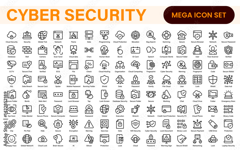 Cybersecurity Safety Icons – Secure Network, Data Protection, Firewall, Password, Hacking Prevention – Vector, Outline, Line, Minimal, Illustration Cybersecurity Safety Icons – Secure Network, Data Protection, Firewall, Password, Hacking Prevention – Vector, Outline, Line, Minimal, Illustration