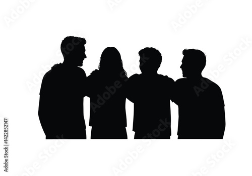 Friends silhouette. This image shows a group of friends standing together with arms around each other in a black silhouette, symbolizing unity and companionship. Vector clipart illustration design.