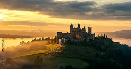 Majestic castle atop a misty hill during sunrise, surrounded by vibrant landscapes and clouds