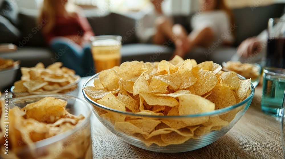 A family movie night setting, with a large bowl of chips on a coffee table surrounded by snacks and drinks. A family movie night setting, with a large bowl of chips on a coffee table surrounded by snacks and drinks.