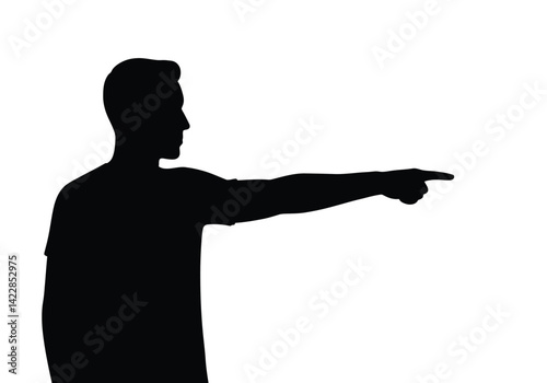 Man pointing silhouette. This image shows a black silhouette of a man pointing with an extended arm and finger, symbolizing direction, gesture, and emphasis. Vector clipart illustration design.