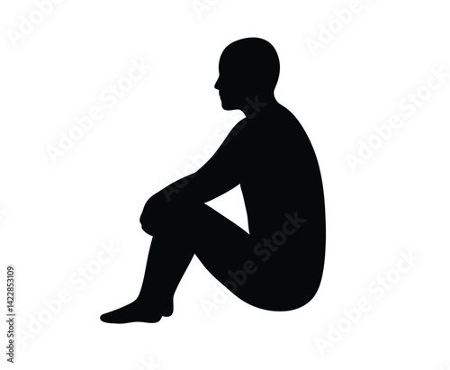 Person sitting silhouette. This image shows a black silhouette of a person sitting with knees bent and arms resting, symbolizing calmness and relaxation. Vector clipart illustration design.