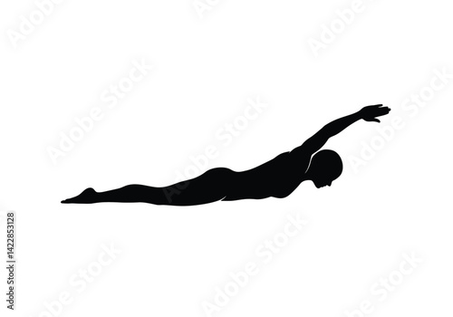 Person swimming silhouette. This image shows a black silhouette of a person in a freestyle swimming stroke, symbolizing motion, aquatic activity, and athleticism. Vector clipart illustration design.
