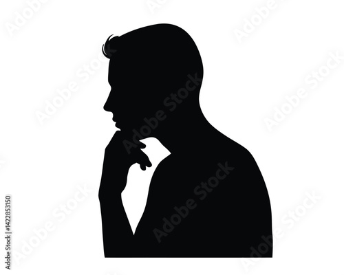 Person thinking silhouette. This image shows a silhouette of a person in a thoughtful pose with the head resting on the hand, reflection and contemplation. Vector clipart illustration design.