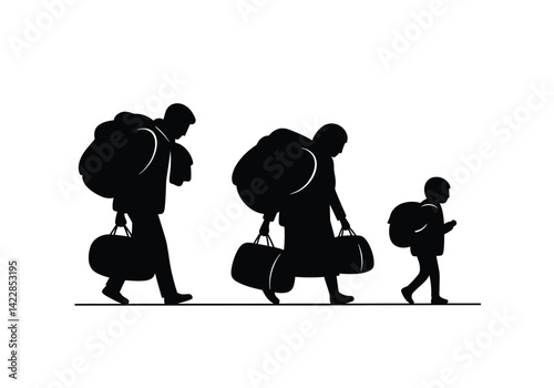 Refugee silhouette. This image shows a silhouette of people carrying bags and walking, symbolizing migration, displacement, and human resilience. Vector clipart illustration design.