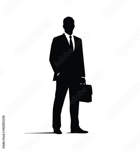 Business person silhouette. This image shows a silhouette of a business professional standing with a briefcase, symbolizing corporate work and leadership. Vector clipart illustration design.