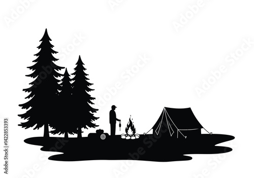 Camping silhouette. This image shows a person standing near a campfire with a tent and trees in the background, symbolizing outdoor adventure and nature. Vector clipart illustration design.