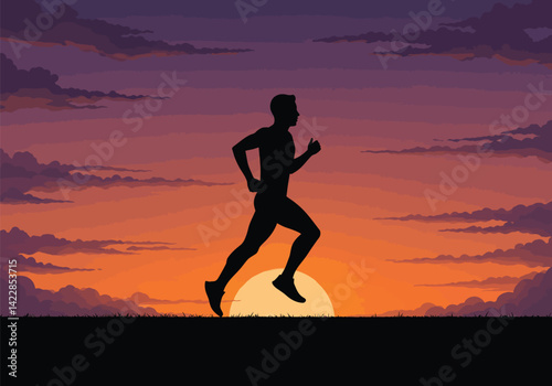 Running silhouette sunset. This image portrays a jogger's silhouette in motion against a vibrant sunset with scenic colors of orange and yellow across the horizon. Vector clipart illustration design.