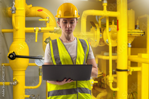 Woman engineer near gas equ...