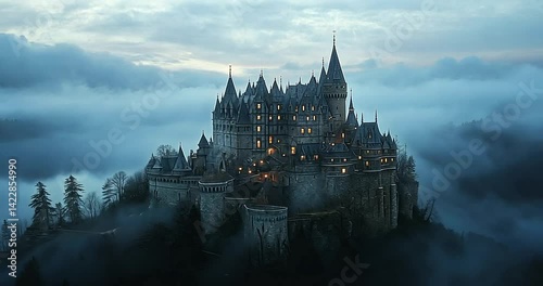 Majestic castle shrouded in mist at twilight, illuminated windows hint at life inside