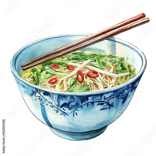 Bowl Of Pho With Chopsticks Resting, watercolor vector, isolated on a white background.