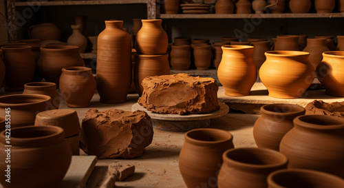 Rustic Pottery Workshop Unfired Clay Pots and Bowls Artisan Craftsmanship