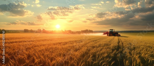 Agricultural tractor spraying a wheat field at sunset or sunrise