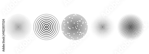 Black concentric circle set. Dotted and dashed round sound wave collection. Epicenter, target, radar, sonar icon concept. Radial radio signal or vibration elements. Linear halftone symbols. Vector