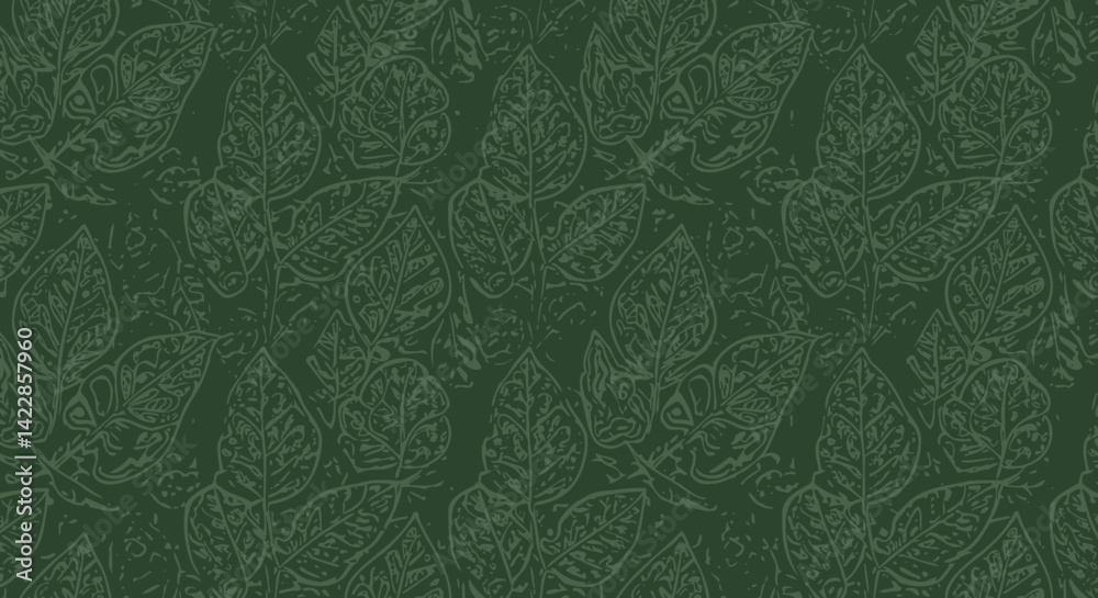 A dark green pattern of textured leaves creating a leafy forest effect repeated