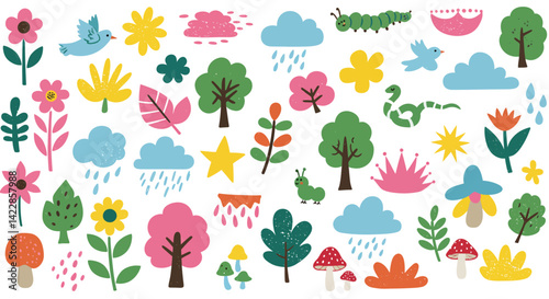 Wallpaper Mural A whimsical array of nature illustrations including flowers birds trees and whimsical creatures Torontodigital.ca