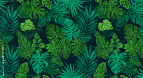Lush overlapping tropical leaves create a vibrant emerald jungle pattern