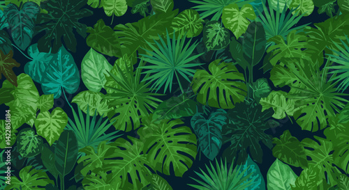 Lush tropical foliage fills the frame a dense mix of varied green leaves