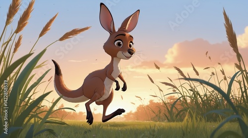 Animated kangaroo joyfully hops amidst tall grass at a sunsets golden hour
