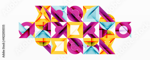 Abstract geometric composition. Colorful shapes interlock, creating dynamic pattern. Vivid hues, sharp angles, modern design aesthetic. Complex interplay forms intriguing visual texture.