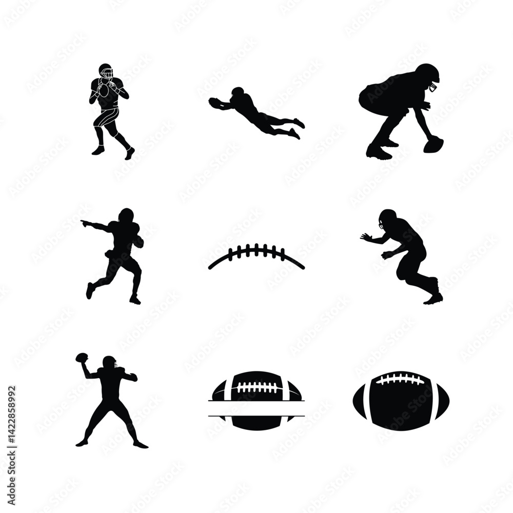 Obraz premium American Football Player Silhouettes In Action With Balls And Stitches Isolated On White