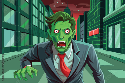Aggressive zombie businessman roaming city streets during halloween night spooky undead creature
