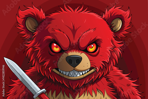 Angry red bear cartoon character with glowing eyes and sharp knife illustration