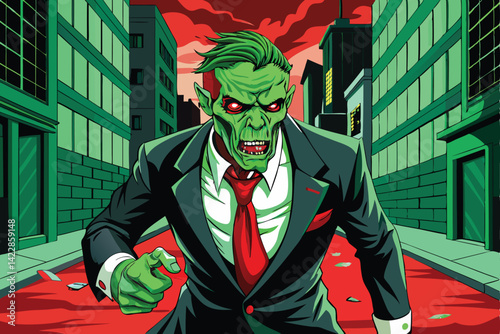 Angry zombie businessman walks down an urban street amidst broken glass