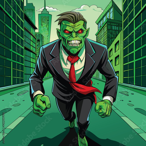Animated zombie businessman running in urban cityscape with green palette